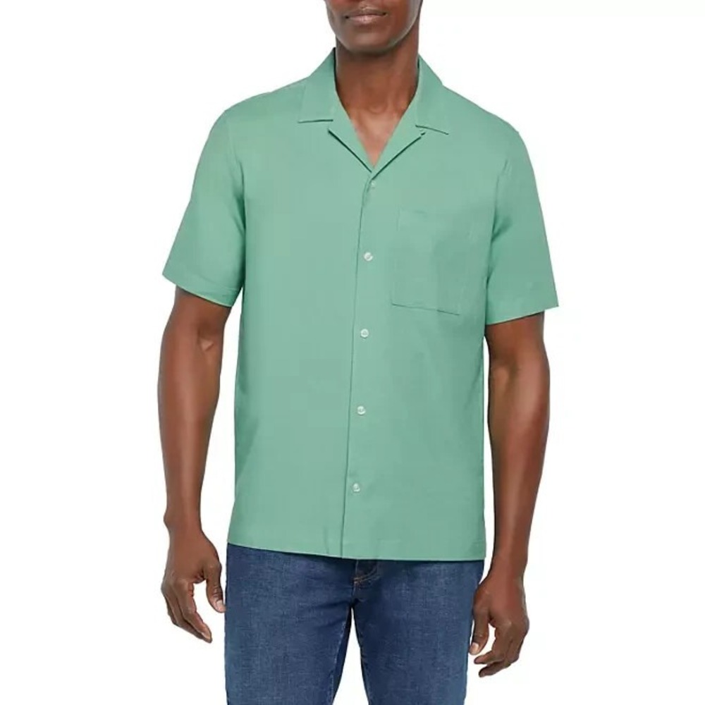 Gap Mens Short Sleeve Button Up Linen Shirt Green Relaxed Fit L NWT